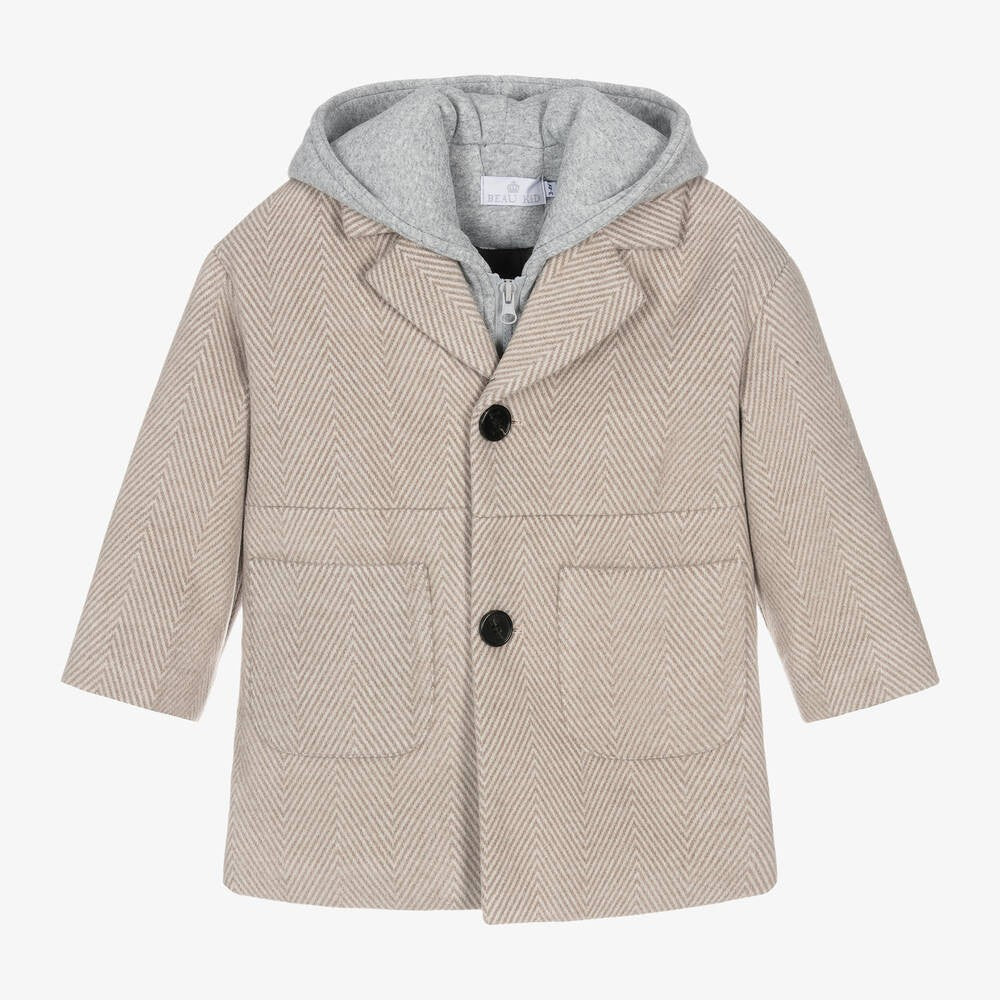 Boys Beige Hooded Herringbone Coat with Jersey Insert - Beige