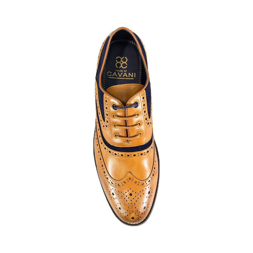 Men's Lace Up Suede & Leather Brogues Shoes -ETHAN - Tan Brown - Navy Blue