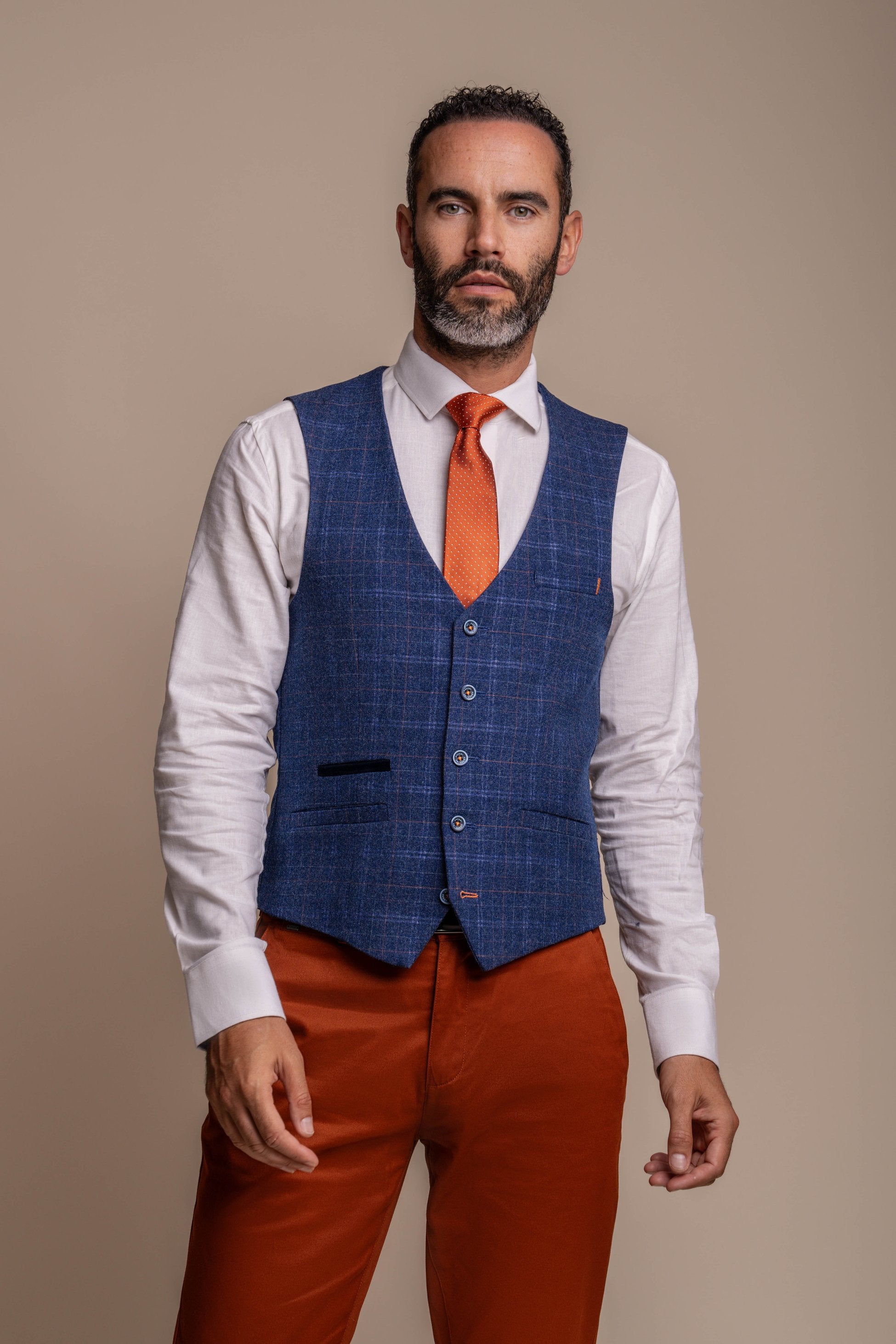 Ensemble Combiné Costume en Tweed Bleu et Chino Brun pour Homme - Bleu Marine avec Brun Rouille