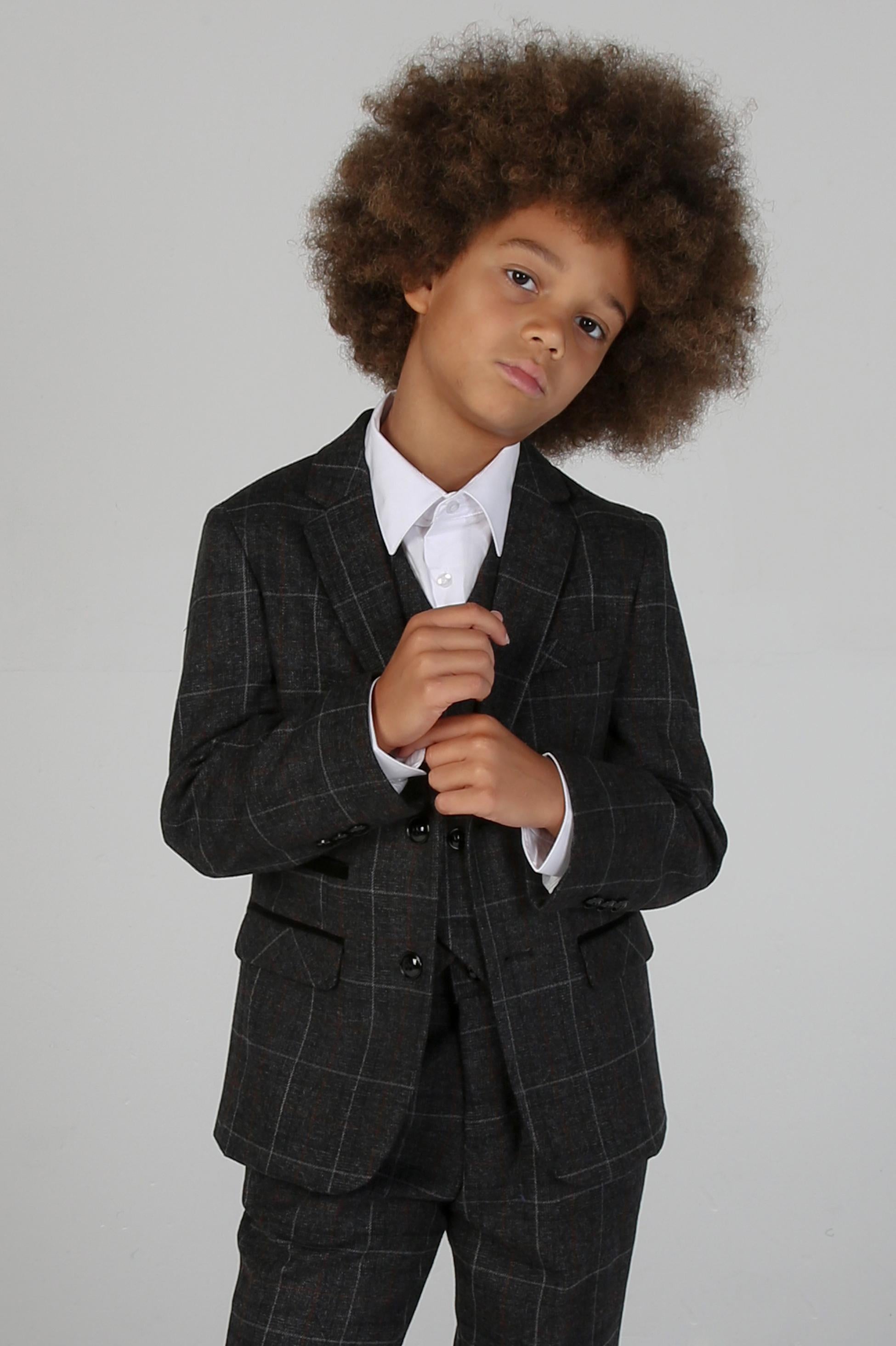 Costume à Carreaux Windowpane Tailored Fit pour Garçons - HARVEY - Gris Charbon Foncé