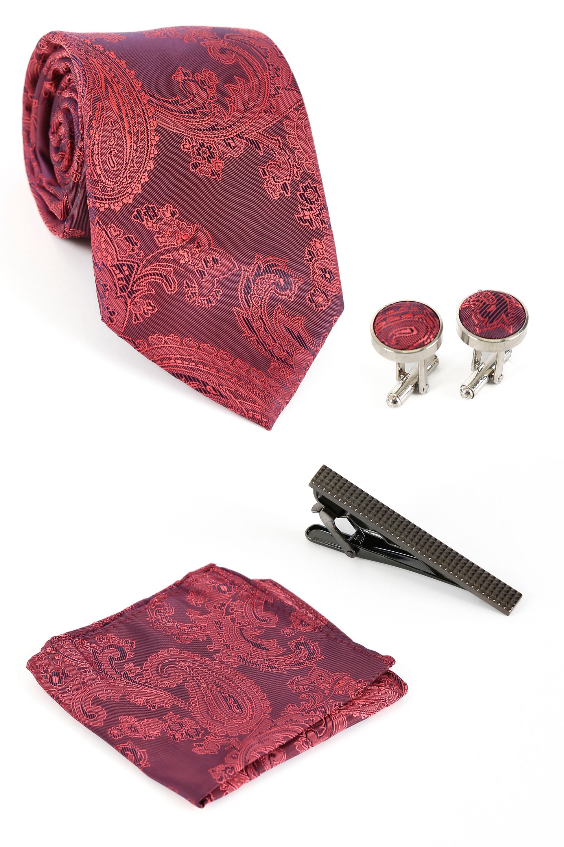 Ensemble cravate et boutons de manchette paisley pour hommes - Bourgogne