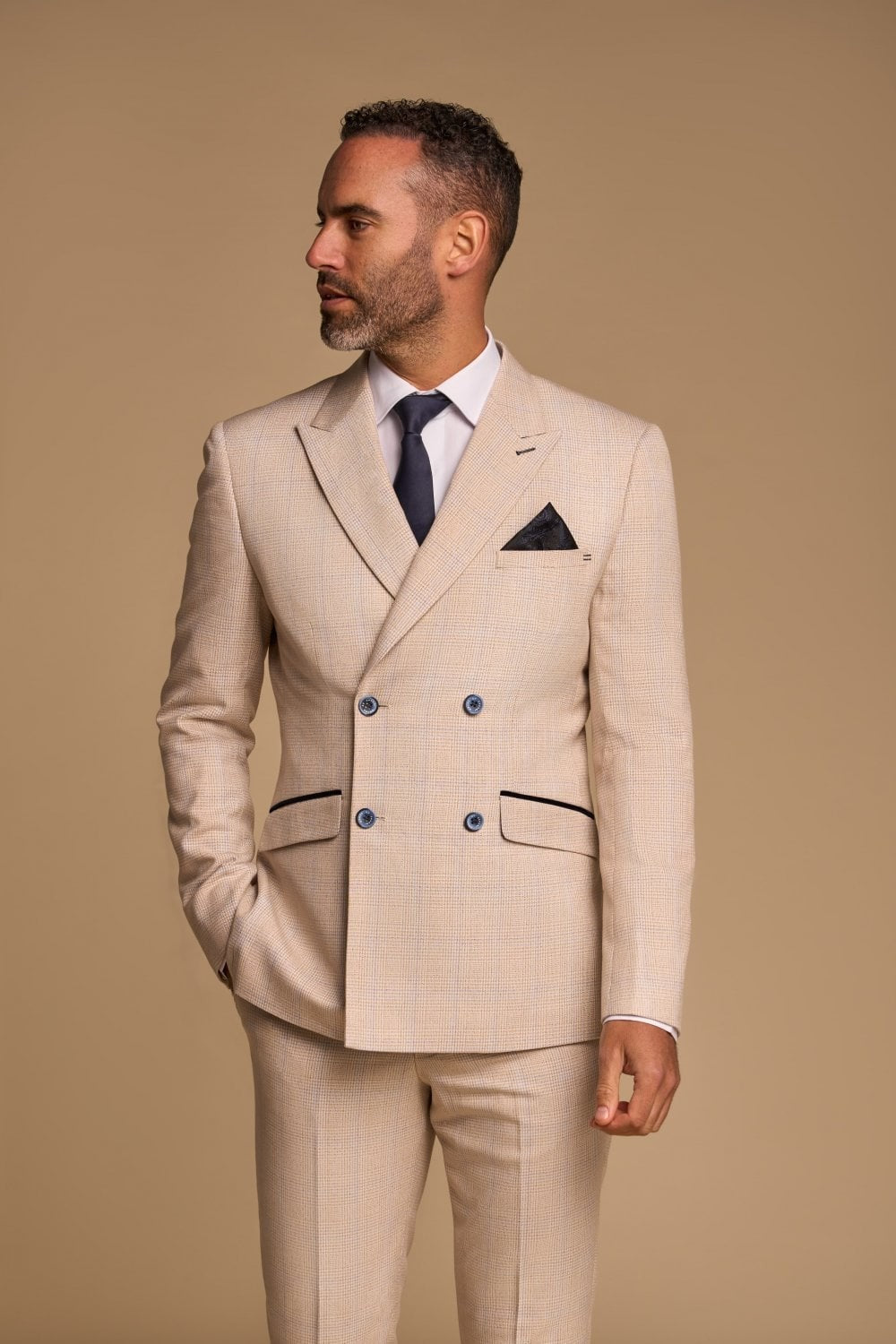 Men's Tweed Houndstooth Check Slim Fit Suit - CARIDI - Beige