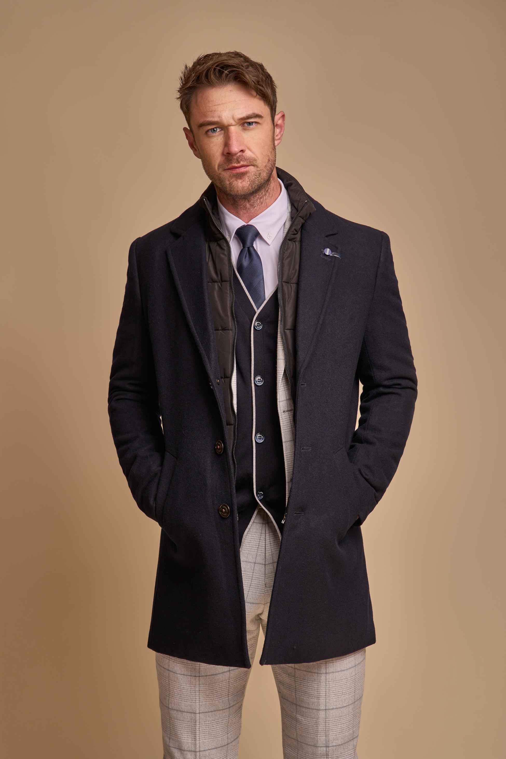 Men's Slim Fit Wool Blend Coat - SANFORD - Navy Blue