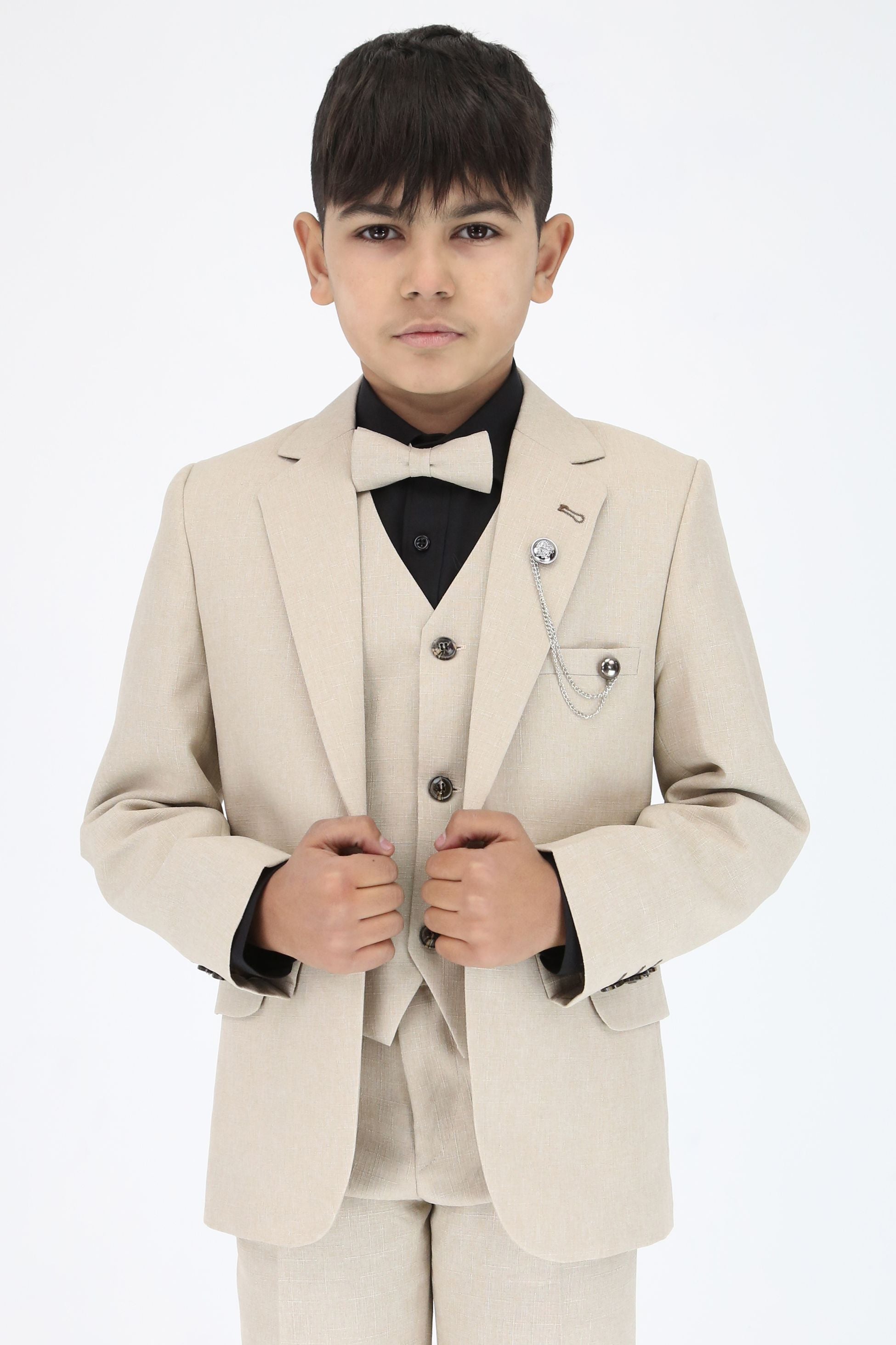 Boys Slim Fit Textured 6-Piece Beige Communion Suit with Black Shirt - Beige