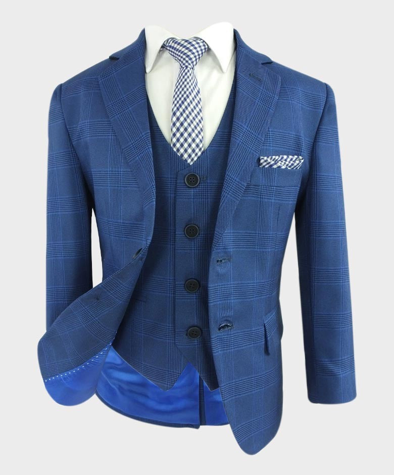 Boys Windowpane Check Tweed Tailored Fit Suit - Blue