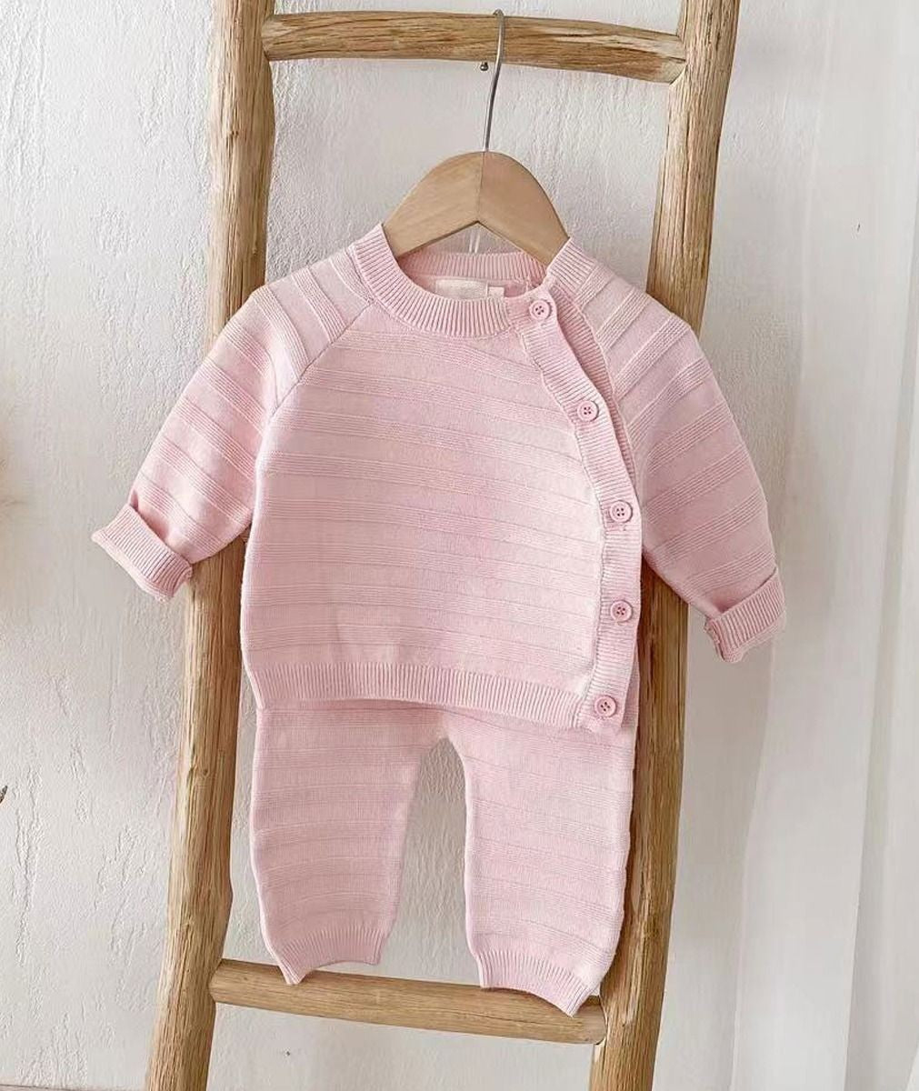 Baby Mädchen Gestreifter Strickpullover & Leggings Set - 2422 - Rosa