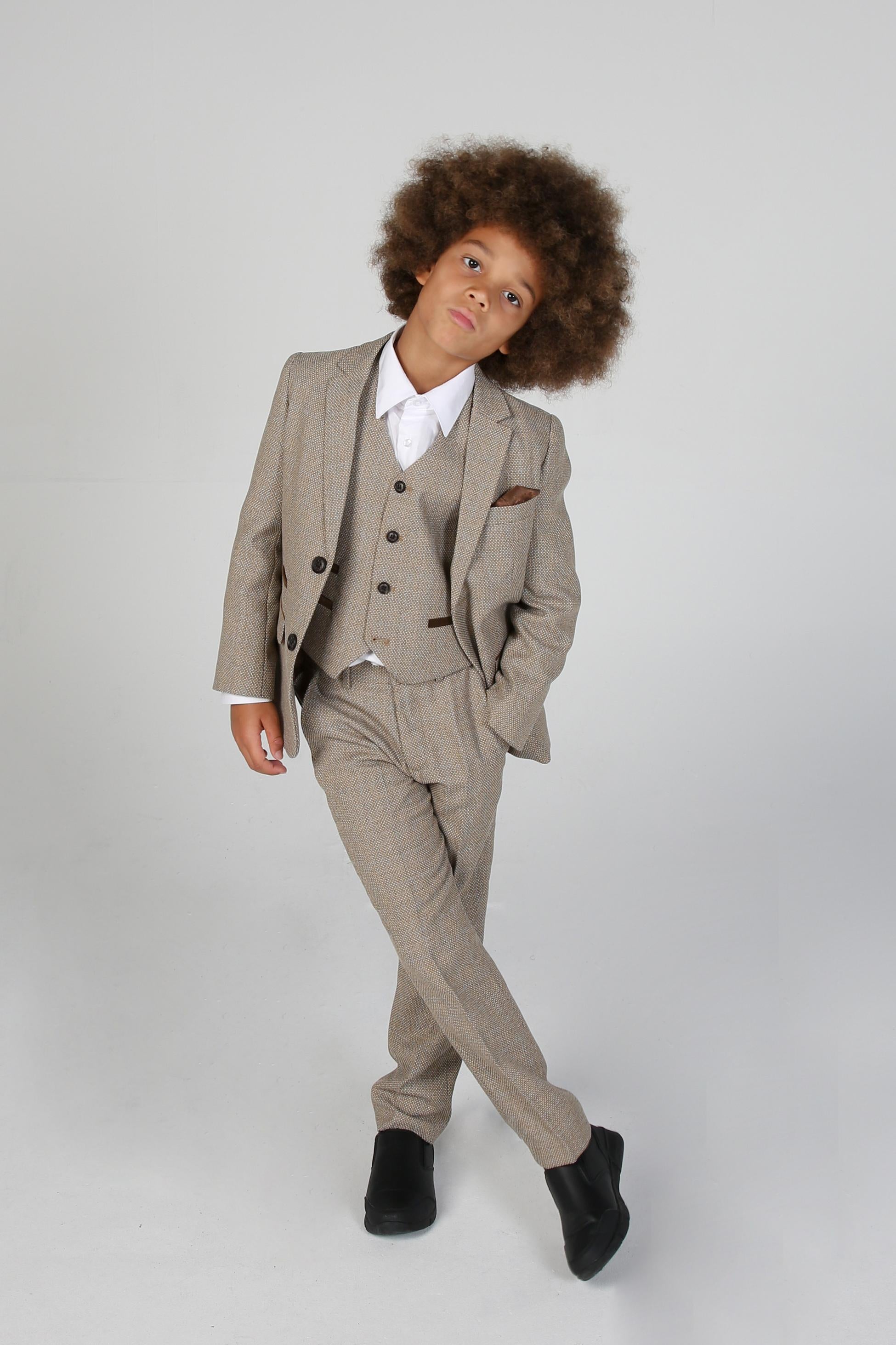 Boys Tweed Tailored Fit Formal Suit - Ralph - Beige