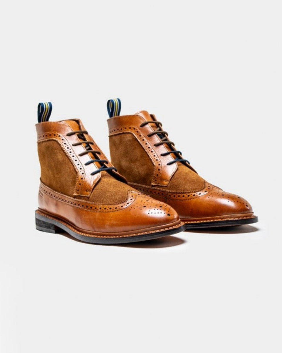 Men's Genuine Leather and Suede Brogue Boots - BOSWORTH - Tan Brown