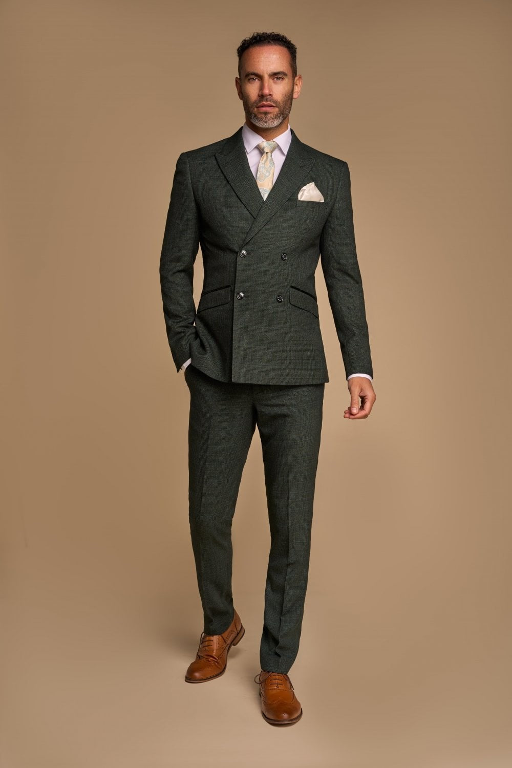 Men's Houndstooth Double-breasted Suit Jacket - CARIDI - Olive Green