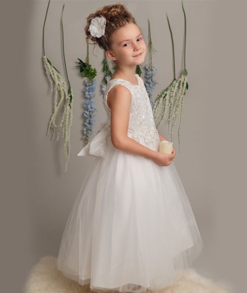 Girls Dress with Embroidery and Tulle Skirt - LYNN - Ivory