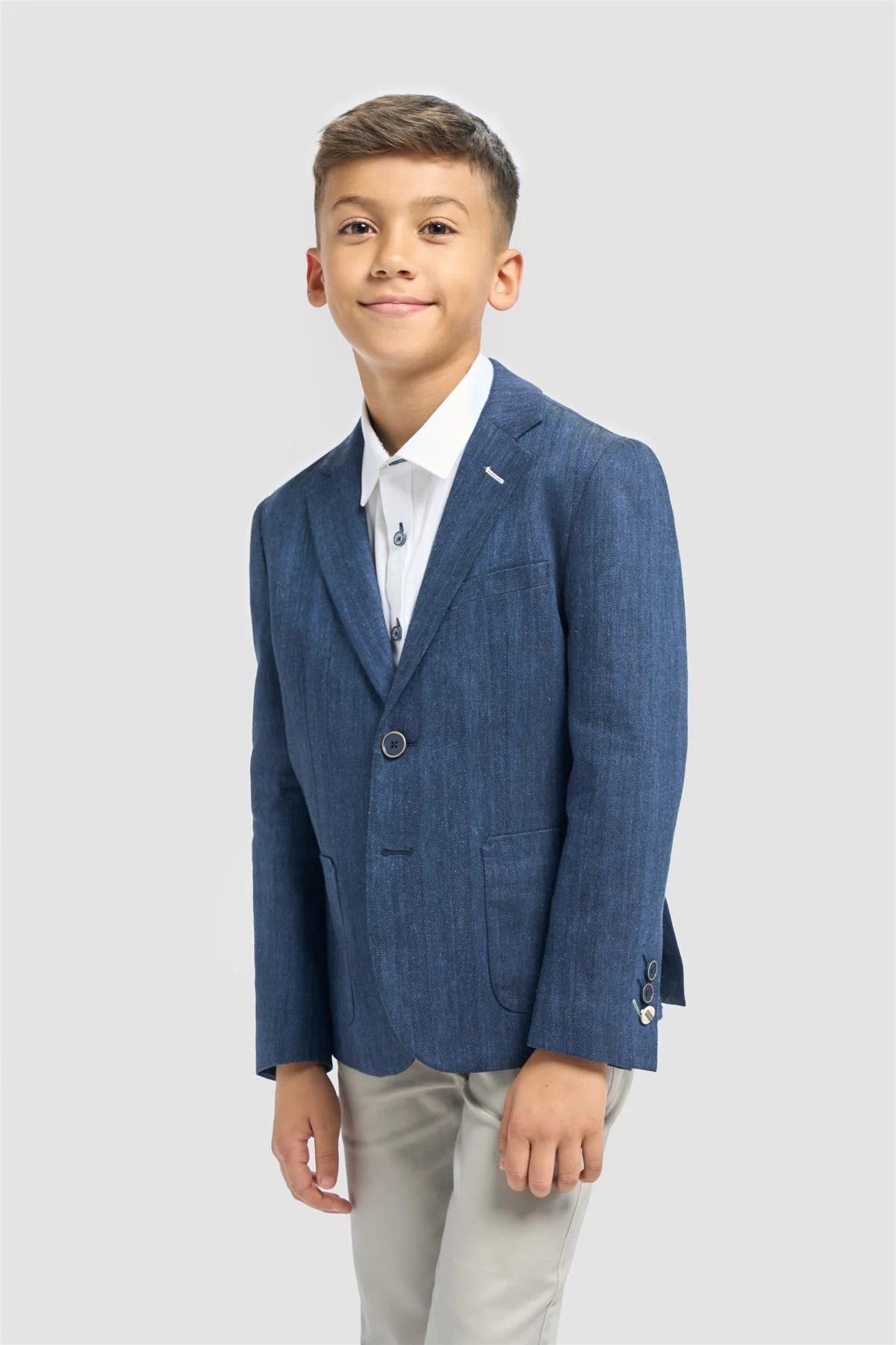 Blazer en lin à poche à rabat en herringbone pour garçons - Luigi - Bleu Marine