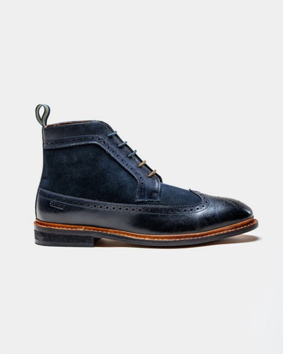 Men's Genuine Leather and Suede Brogue Boots - BOSWORTH - Navy Blue