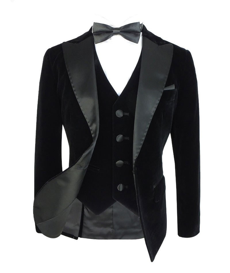 Boys Sheen Lapel Black Velvet Tuxedo Suit - Black