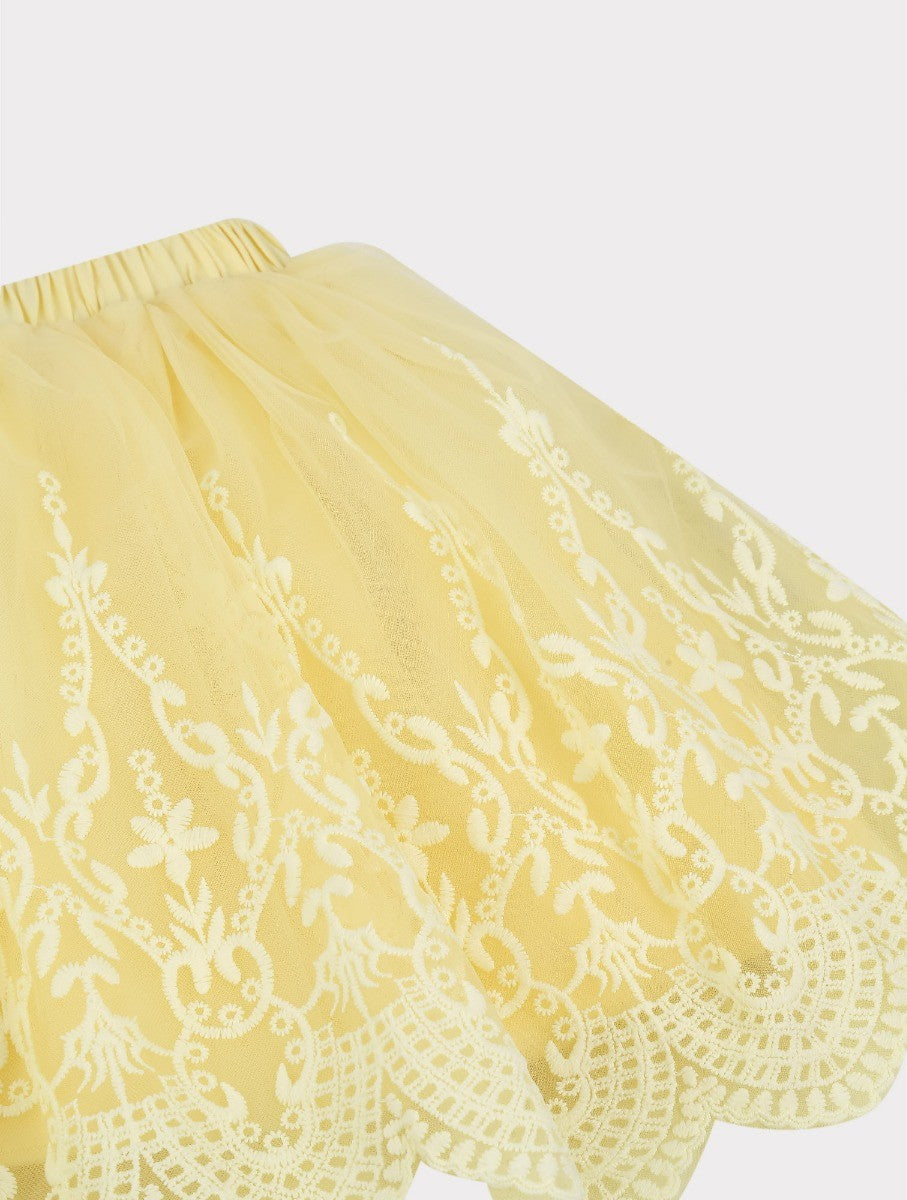 Girls Floral Print Tulle Skirt and T-Shirt Set - Yellow