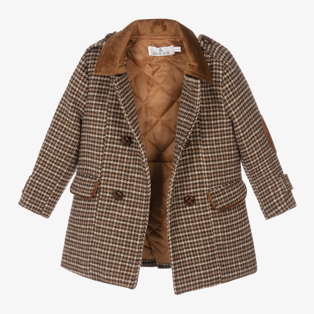 Ensemble Manteau en Tweed à Pied-de-Poule avec Casquette pour Garçons - Marron