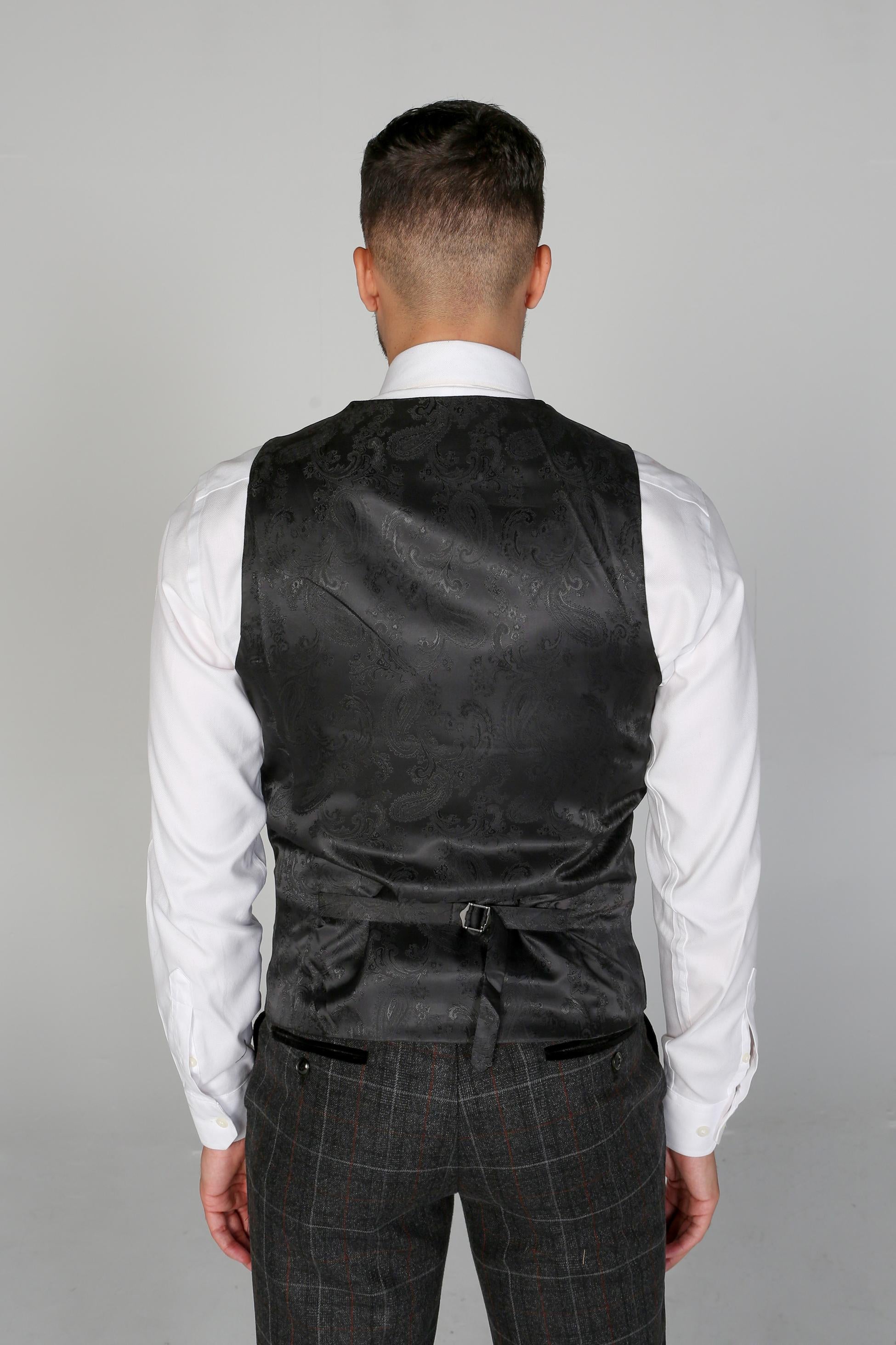 Men's Windowpane Tailored Fit Waistcoat- HARVEY - Charcoal Grey