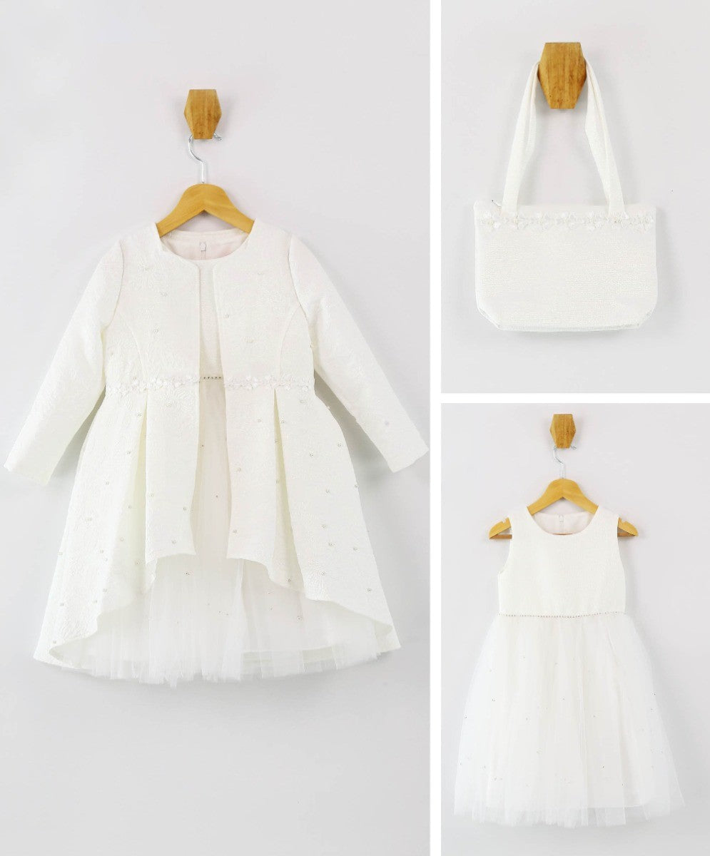 Girls Tail Jacket Dress Set - Ecru Off White