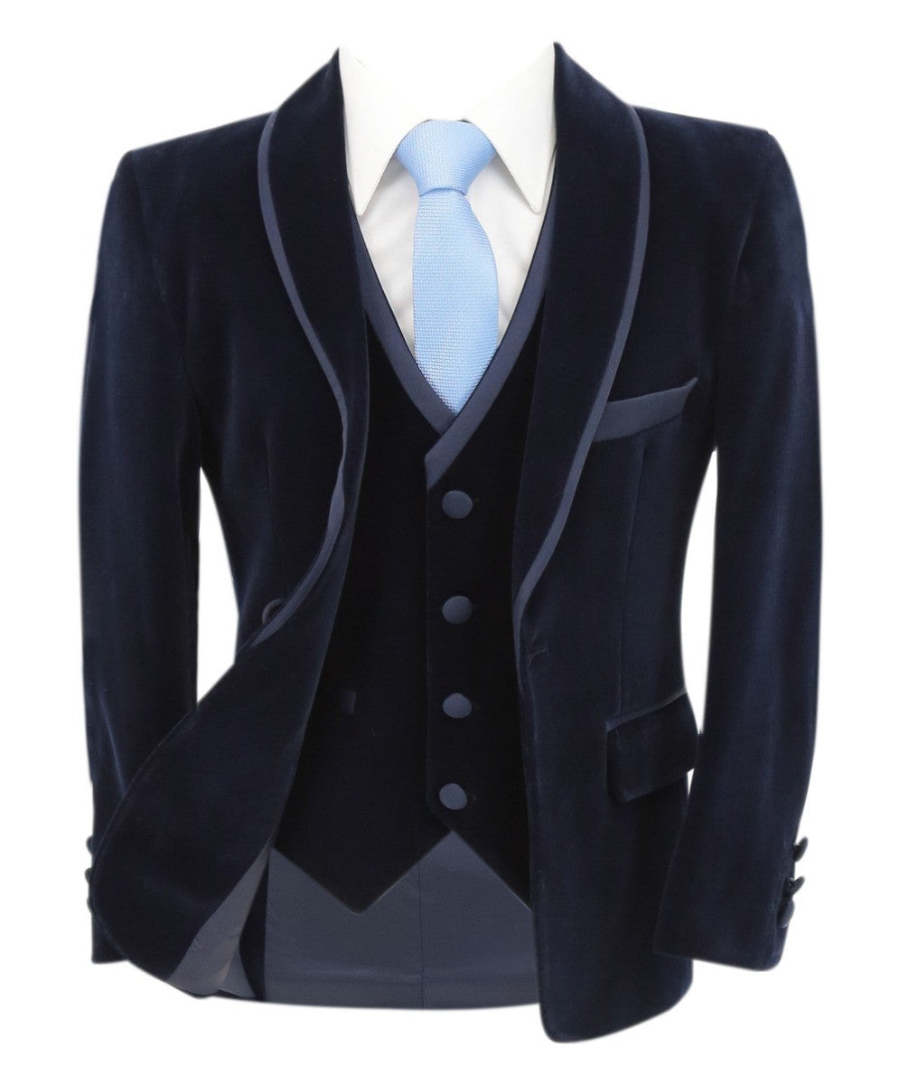 Boys Slim Fit Piping Velvet Tuxedo Suit - LONDON - Navy Blue