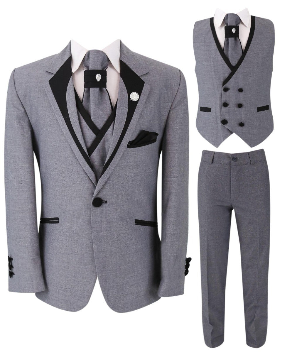 Jungen Slim Fit Piping Grauer Tuxedo Anzug - Grau