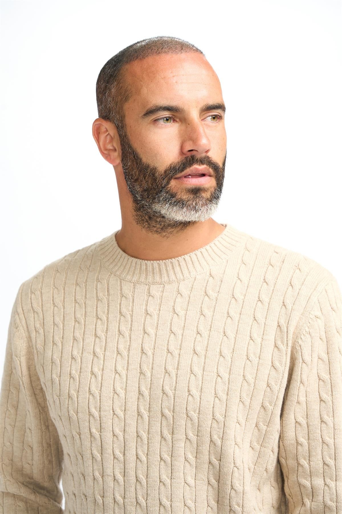 Pull en laine à maille torsadée pour hommes - Foston - Beige Faon