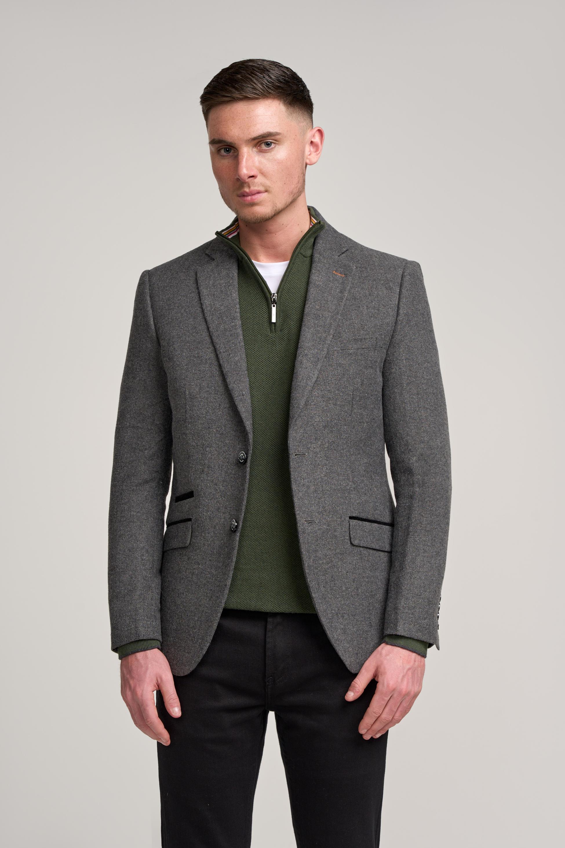 Herren Graues Fischgräten Tweed Anzugjacke - COSMO - Grau