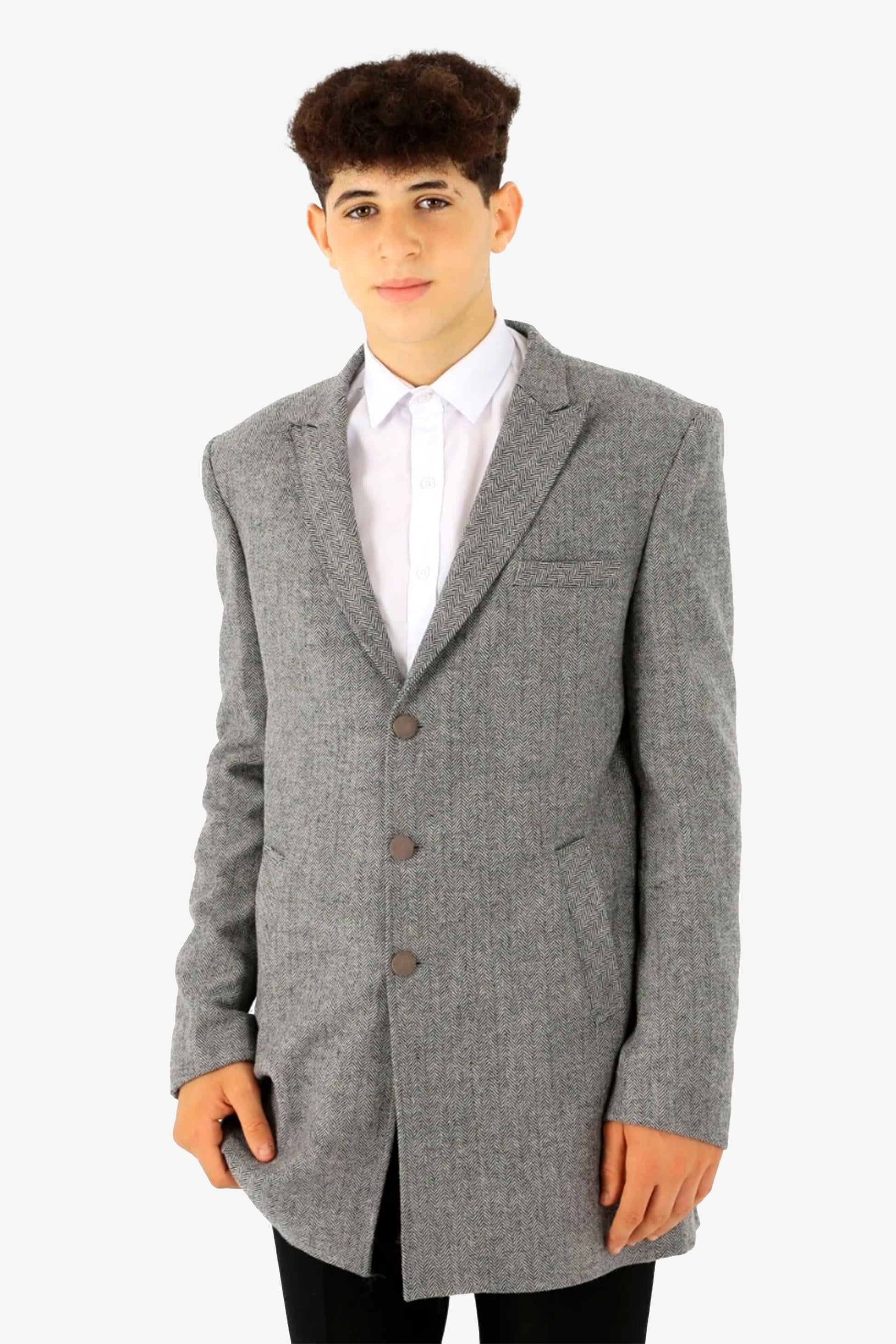 Boys Wool Herringbone Tailored Fit Midi Winter Coat - Light Grey