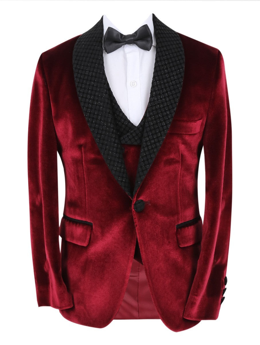 Jungen Samt Slim Fit Tuxedo Dinneranzug - Bordeaux