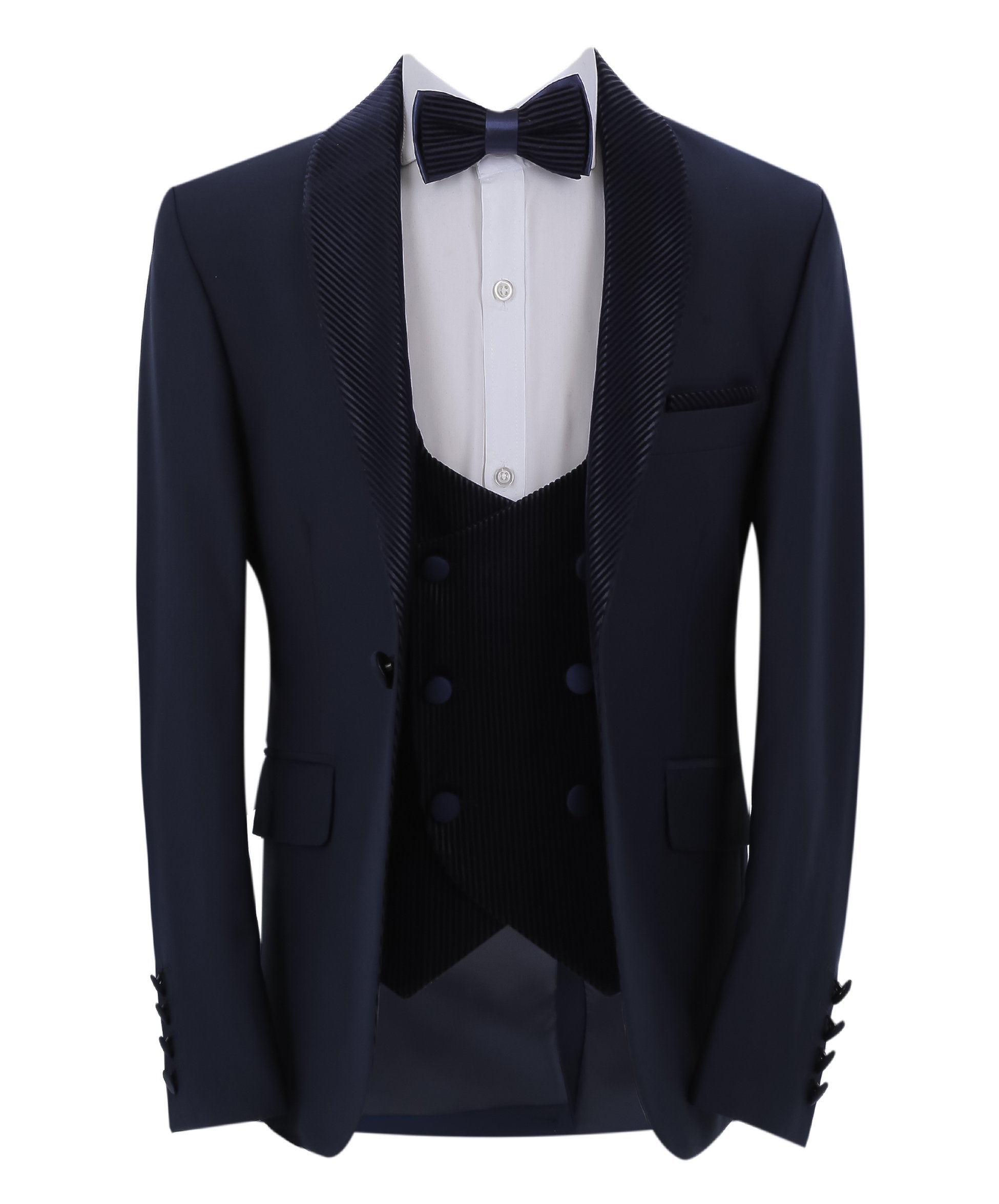 Costume Tuxedo avec Gilet en Velours Côtelé et Revers Shawl pour Garçons - Bleu Marine