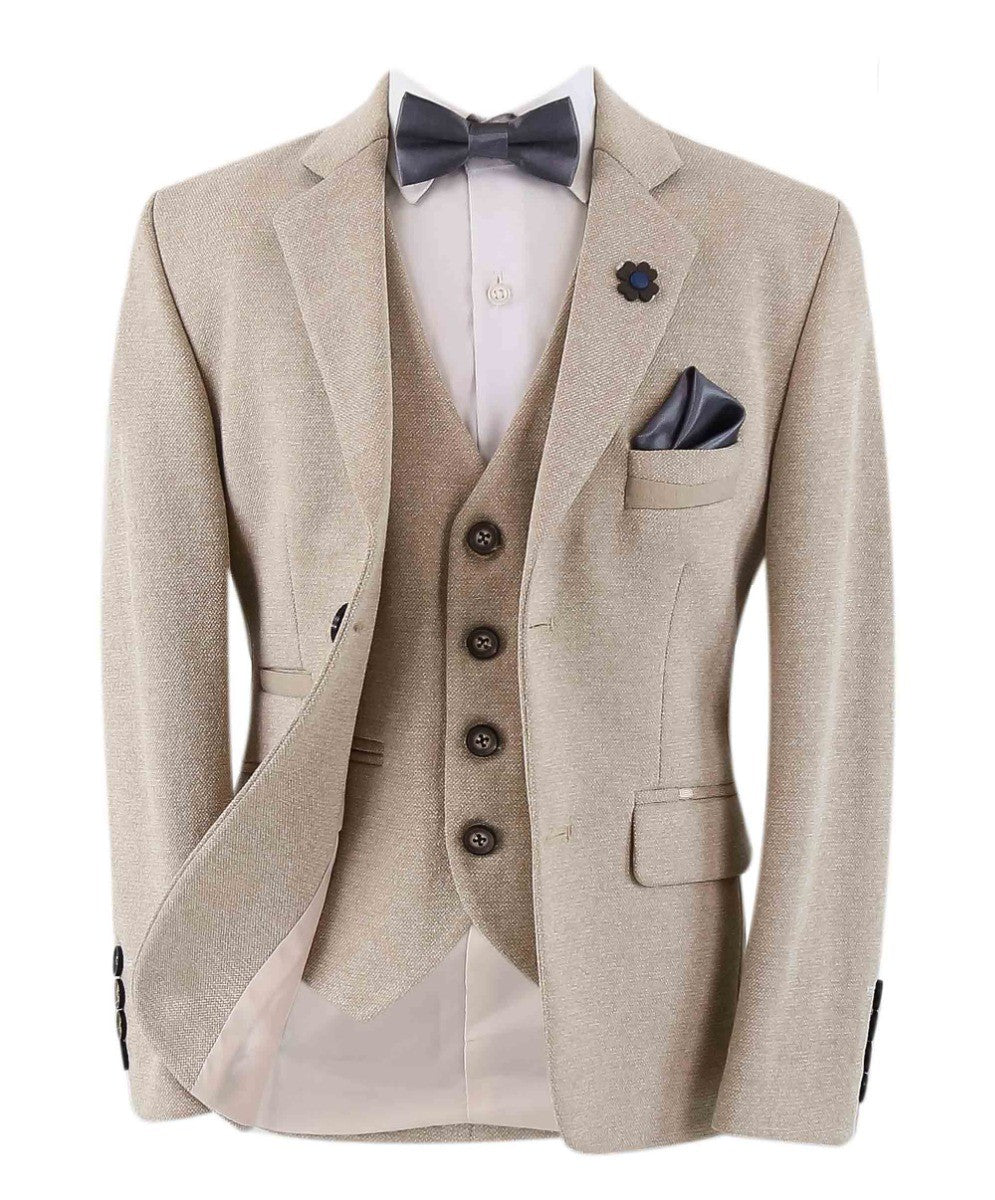 Boys Cotton Slim Fit Blazer and Waistcoat Set - Frank - Beige