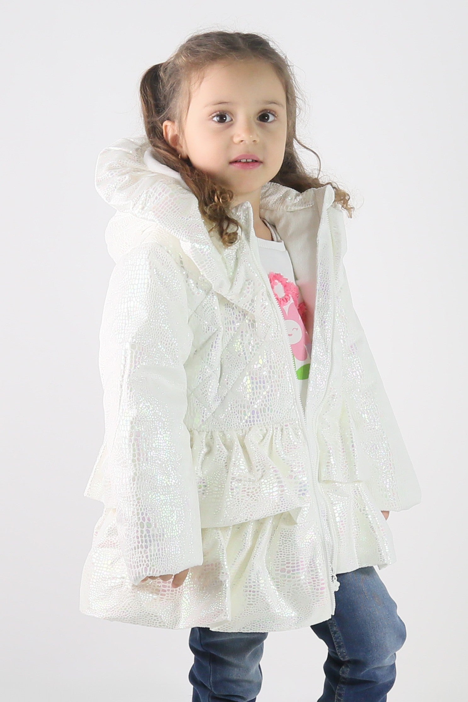 Baby & Girls' Iridescent Quilted Hooded Puffer Coat - SCARLET - White