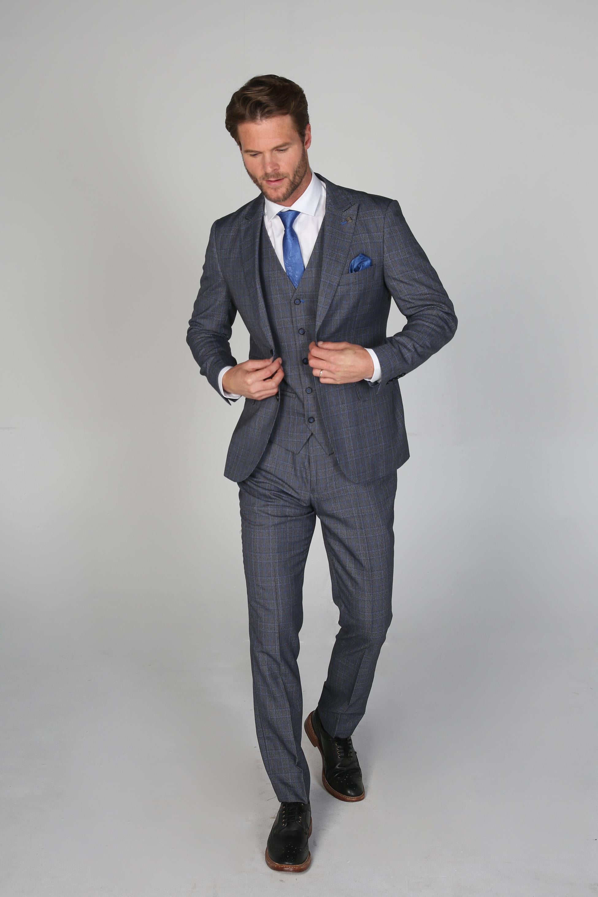 Costume Formel Texturé à Carreaux Tailored Fit pour Hommes - HENRY - Gris - Bleu