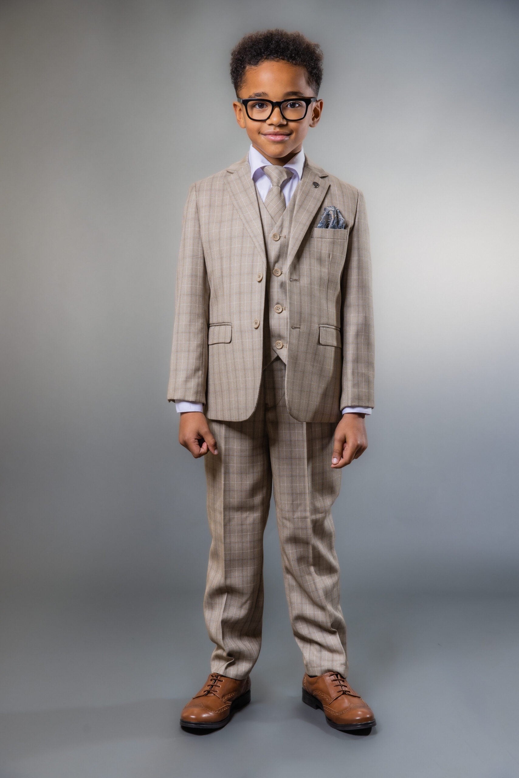 Jungen Tweed Karo Schlank geschnittener Anzug - Beige und Braun