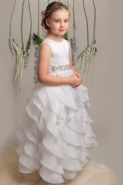 Girls White Cascading Tiered Tulle Dress – ELLA - White