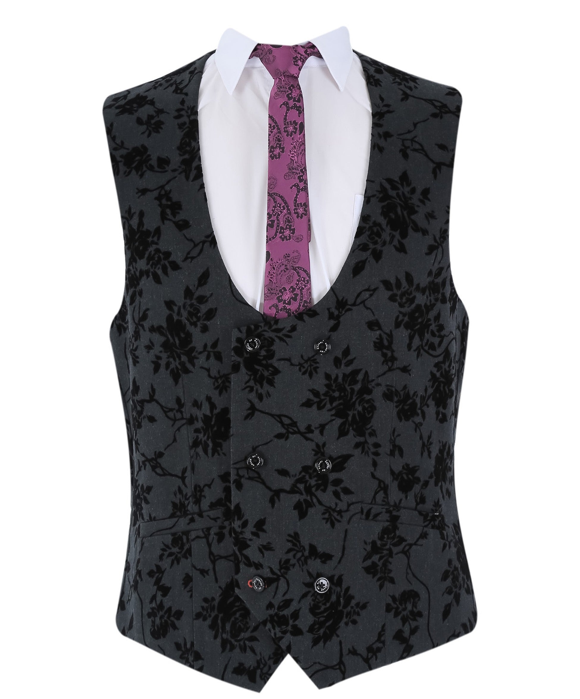 Men's Black Velvet Floral Embroidered Waistcoat - GEORGI - Black