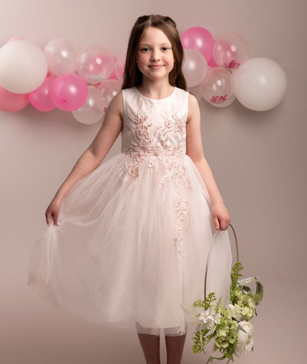 Mädchen Florales Besticktes Kleid mit Tüllrock - NYRA - Blush Pink