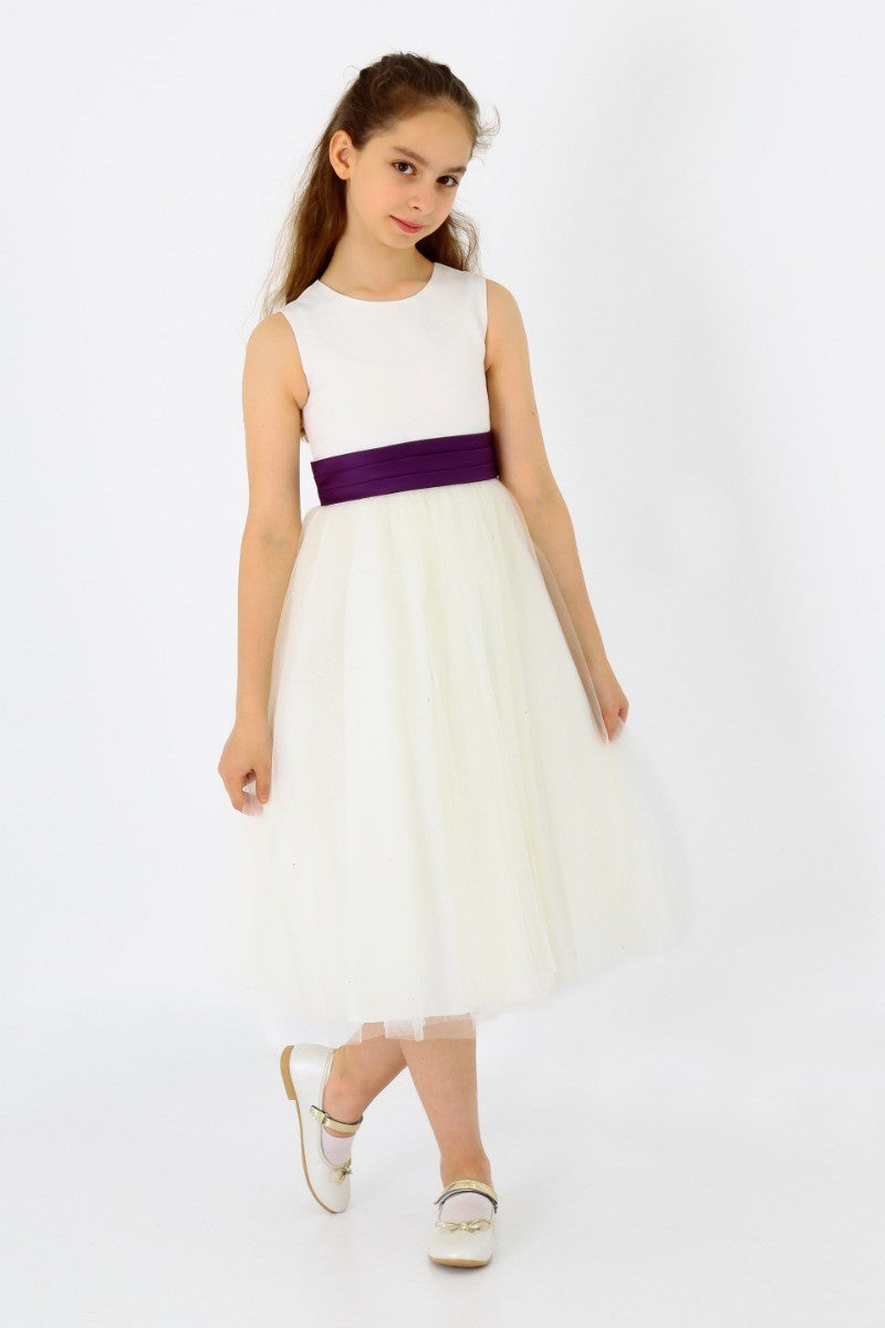 Robe de Communion en Tulle sans Manches pour Demoiselles d'Honneur - Blanc - Violet