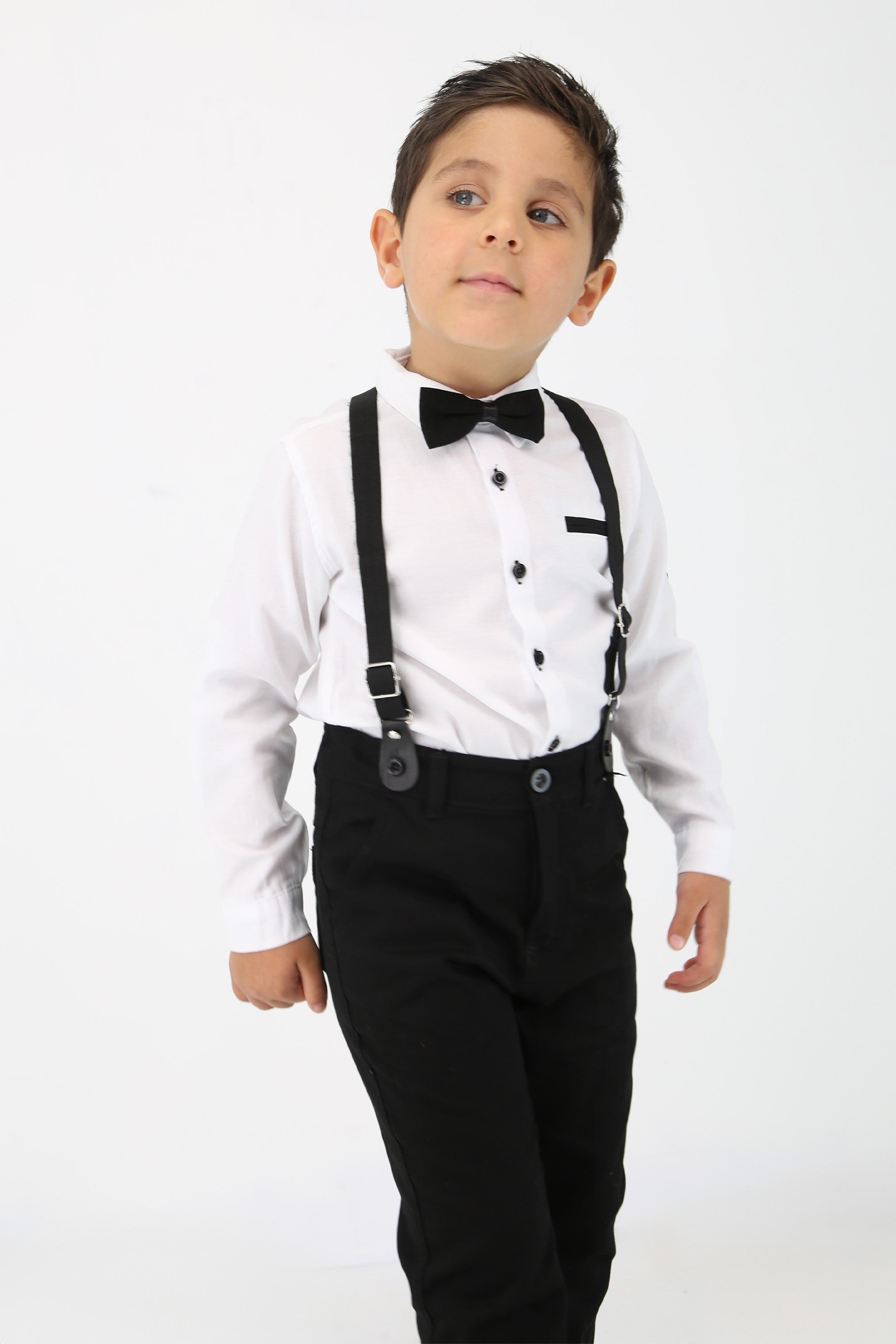 Ensemble de gentleman pour bébés et garçons - Ensemble de costume avec bretelles et pantalon 4 pièces - OXFORD - Blanc - Bleu Marine