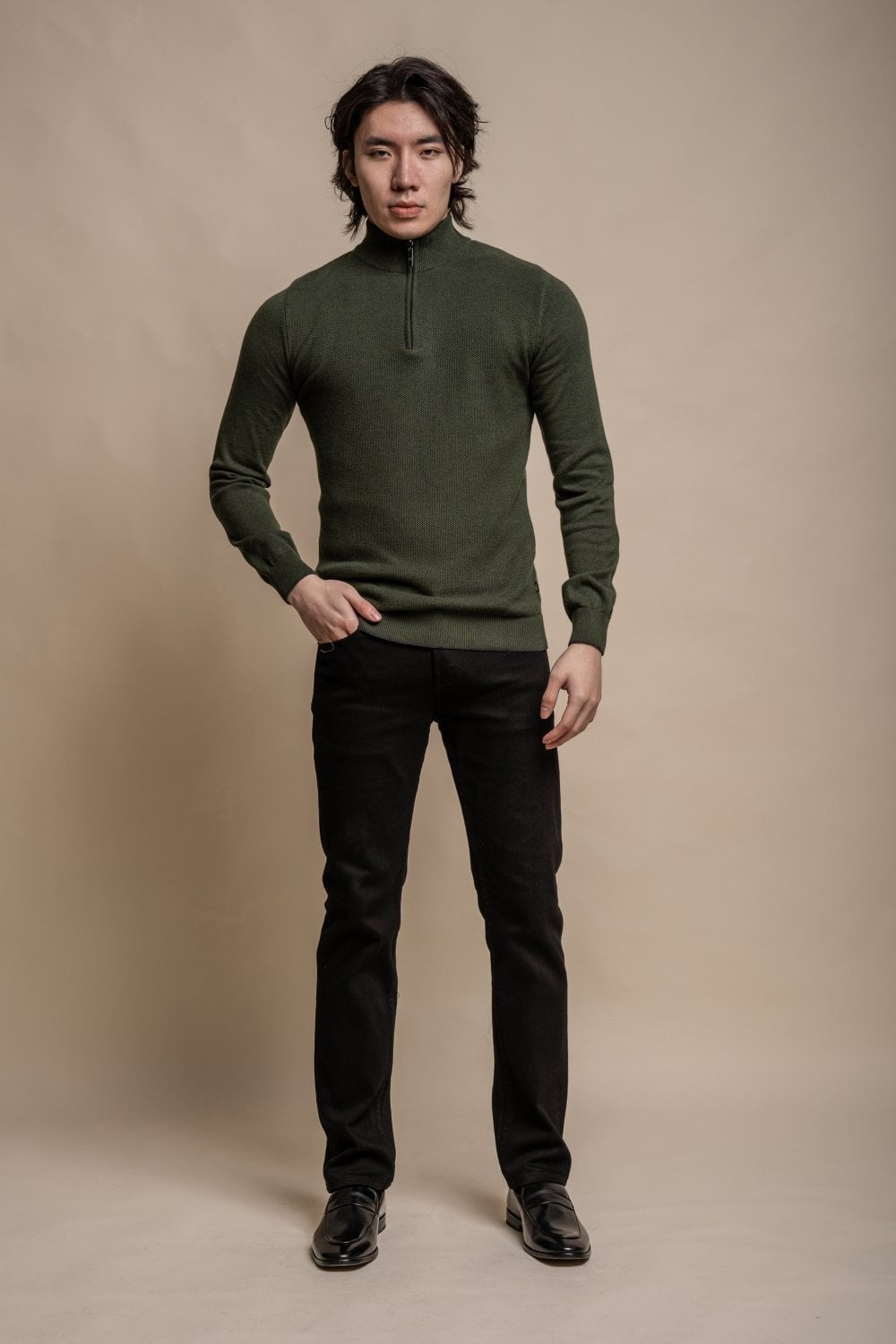 Herren Halbzip Baumwoll Pullover - KYLE - Olivgrün