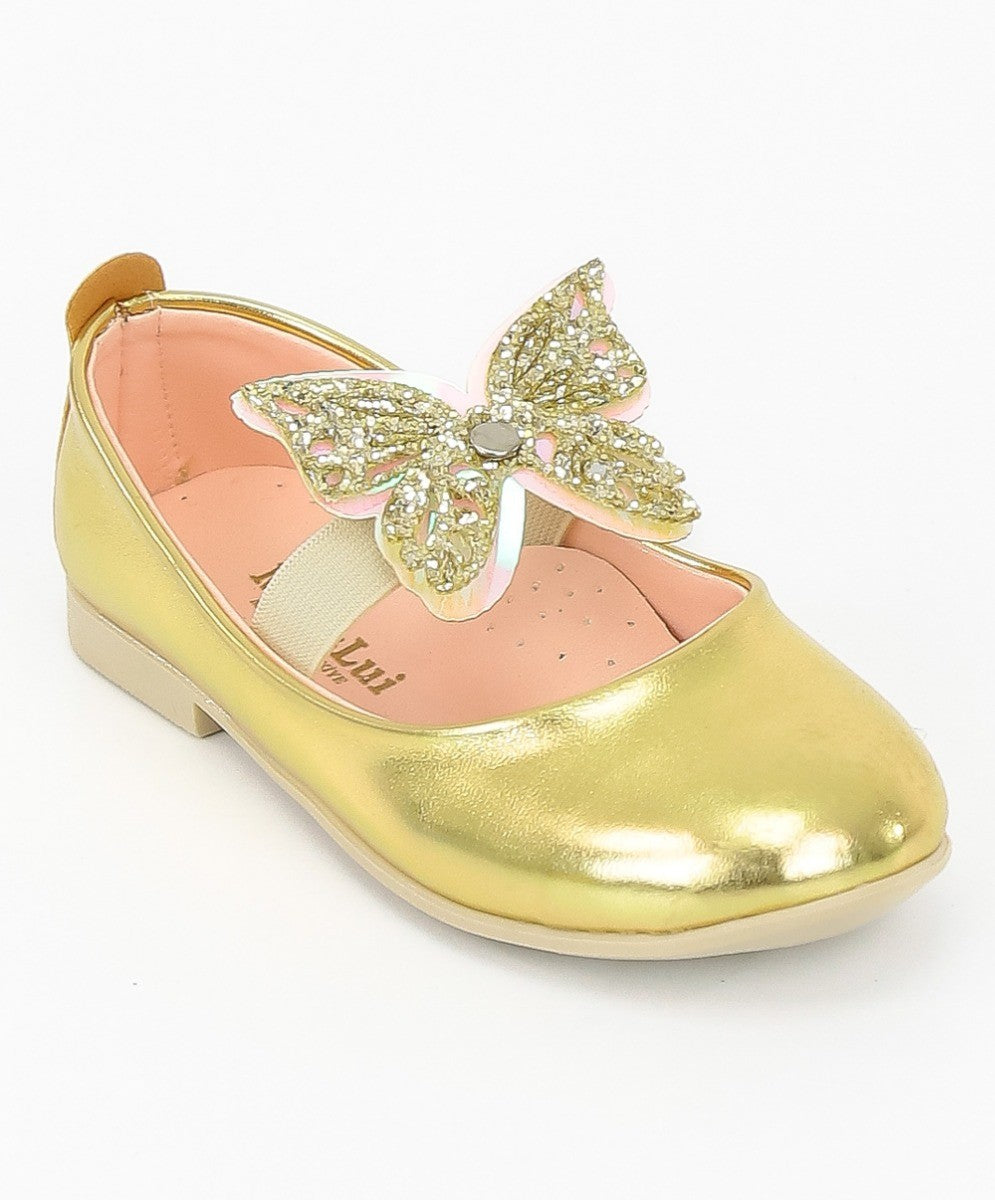 Girls Ballerina Butterfly Strap Flat Dress Shoes - Gold