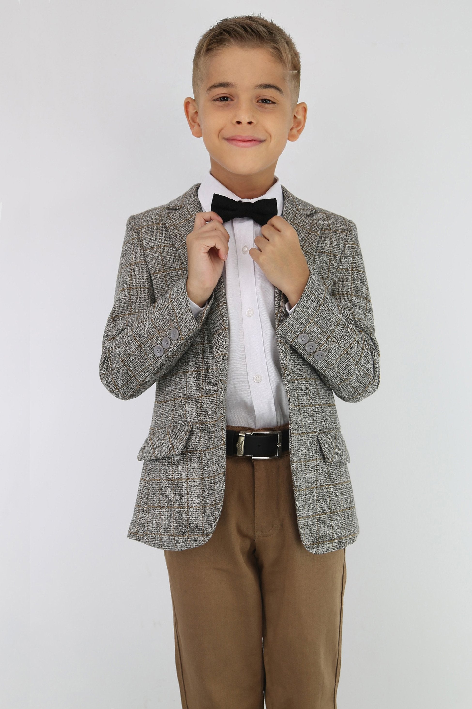 Jungen Baumwoll-Mischgewebe Tweed-ähnlicher Karo Blazer - Beige