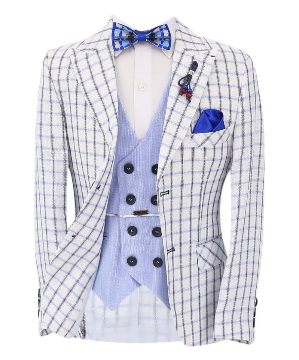 Boys Check Blazer and Double-breasted Waistcoat Suit Set - Blue