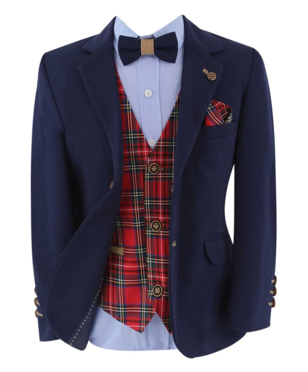 Ensemble Costume Slim Fit avec Gilet à Carreaux Tartan pour Garçons - Bleu Marine