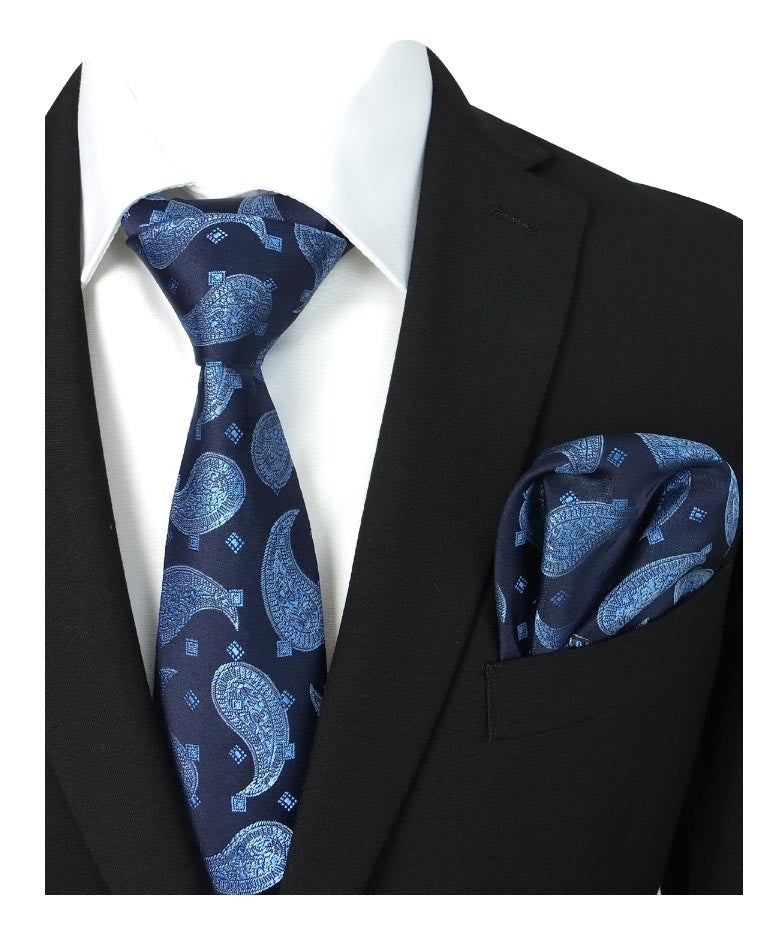 Ensemble Cravate et Mouchoir à Motifs Paisley pour Garçons et Hommes - Bleu Marine - Bleu