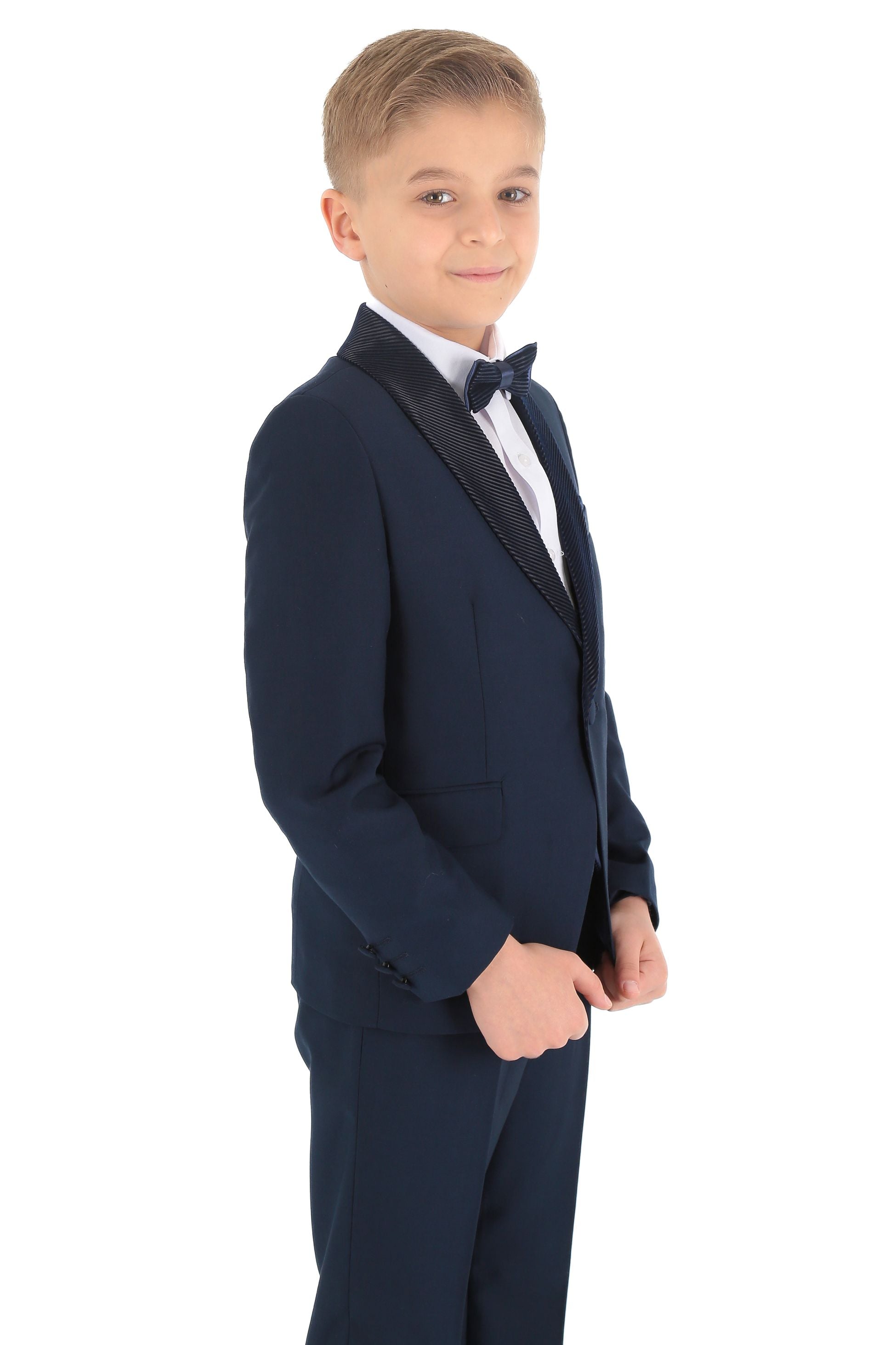 Costume Tuxedo avec Gilet en Velours Côtelé et Revers Shawl pour Garçons - Bleu Marine