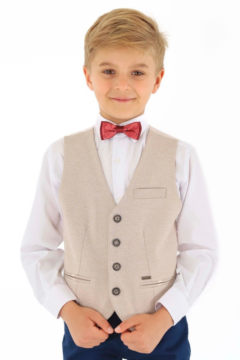 Jungen Baumwoll Slim Fit Blazer und Westen-Set - Frank - Beige