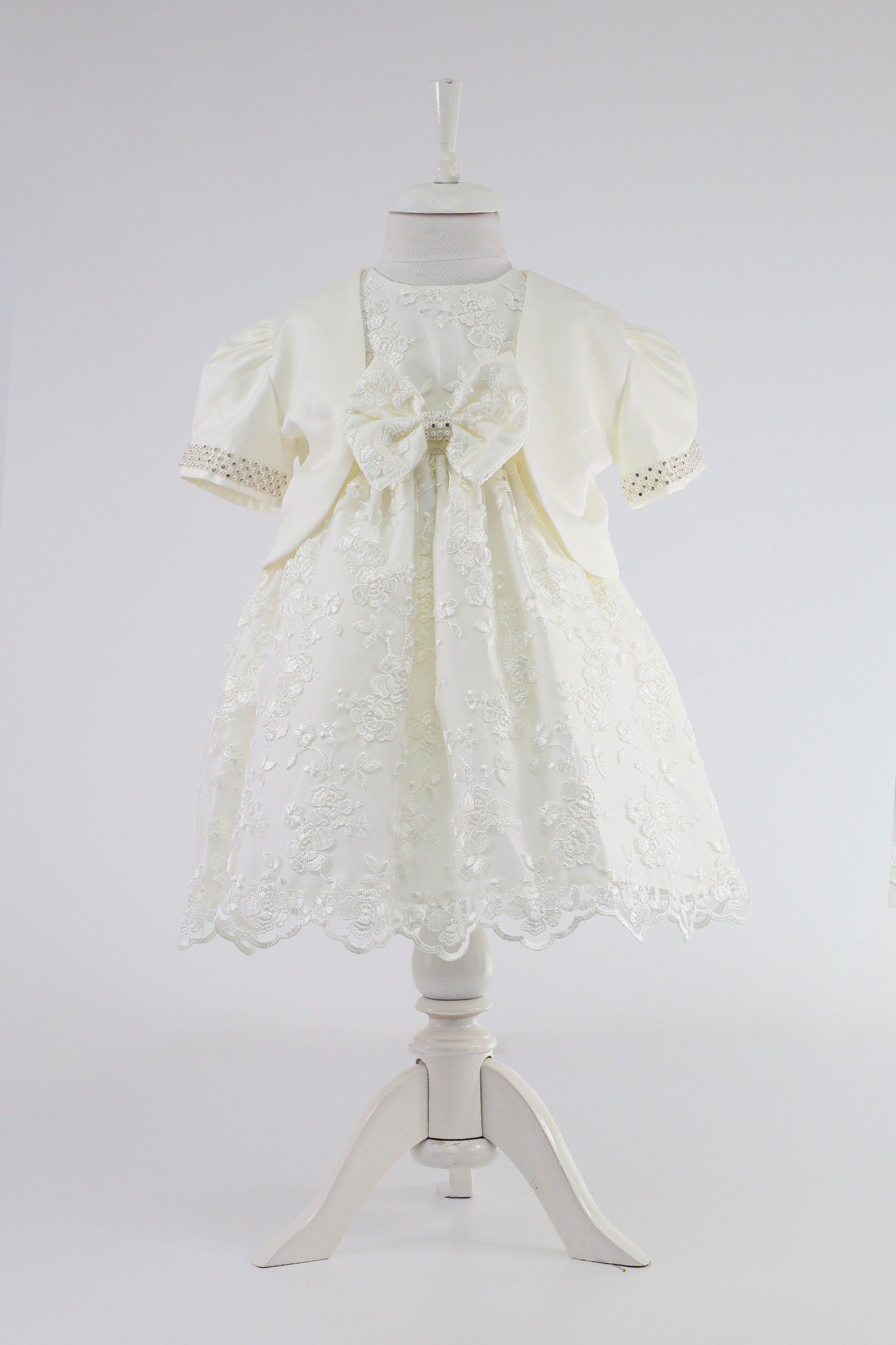 Ensemble de robe avec nœud en dentelle pour bébés filles - B1202 - Ivoire