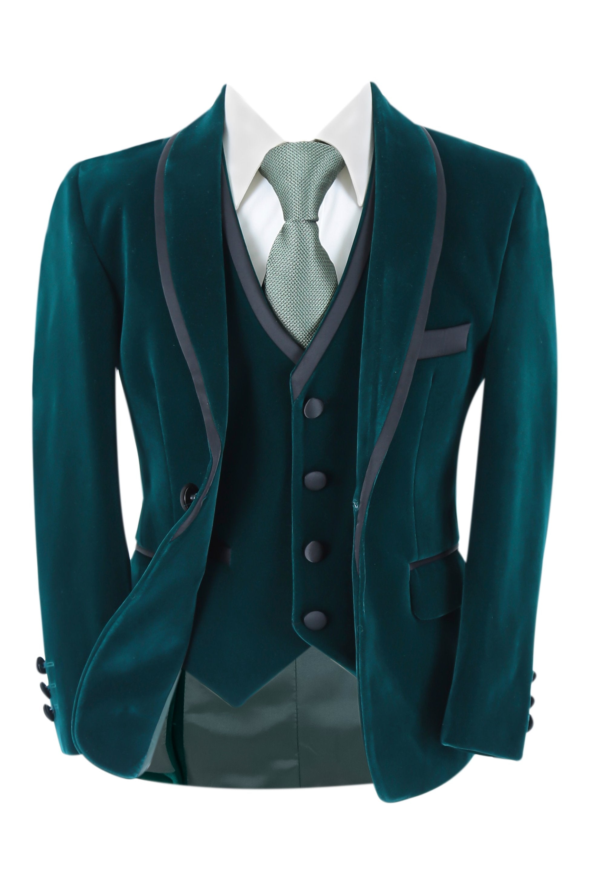 Boys Slim Fit Piping Velvet Tuxedo Suit - LONDON - Dark Green