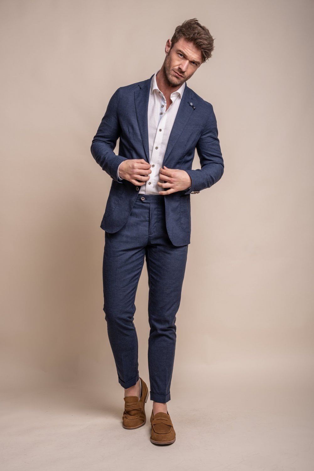 Men's Slim Fit Linen Jacket & Trousers Suit Set - ALVARI - Navy