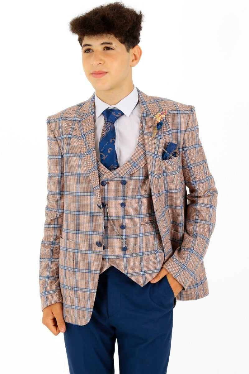 Costume à Carreaux Windowpane Slim Fit pour Garçons - Pêche - Bleu Marine