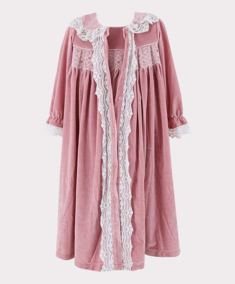 Ensemble de Robe de Nuit en Velours Smocké 2 Pièces pour Filles - Rose